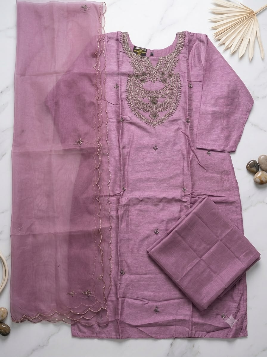 Women's Mauve Embroidered Kurta Set with Organza Dupatta | Premium Ethnic Wear