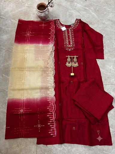 Maroon Dola Silk Zardosi Work Suit with Maroon & Ivory Organza Dupatta