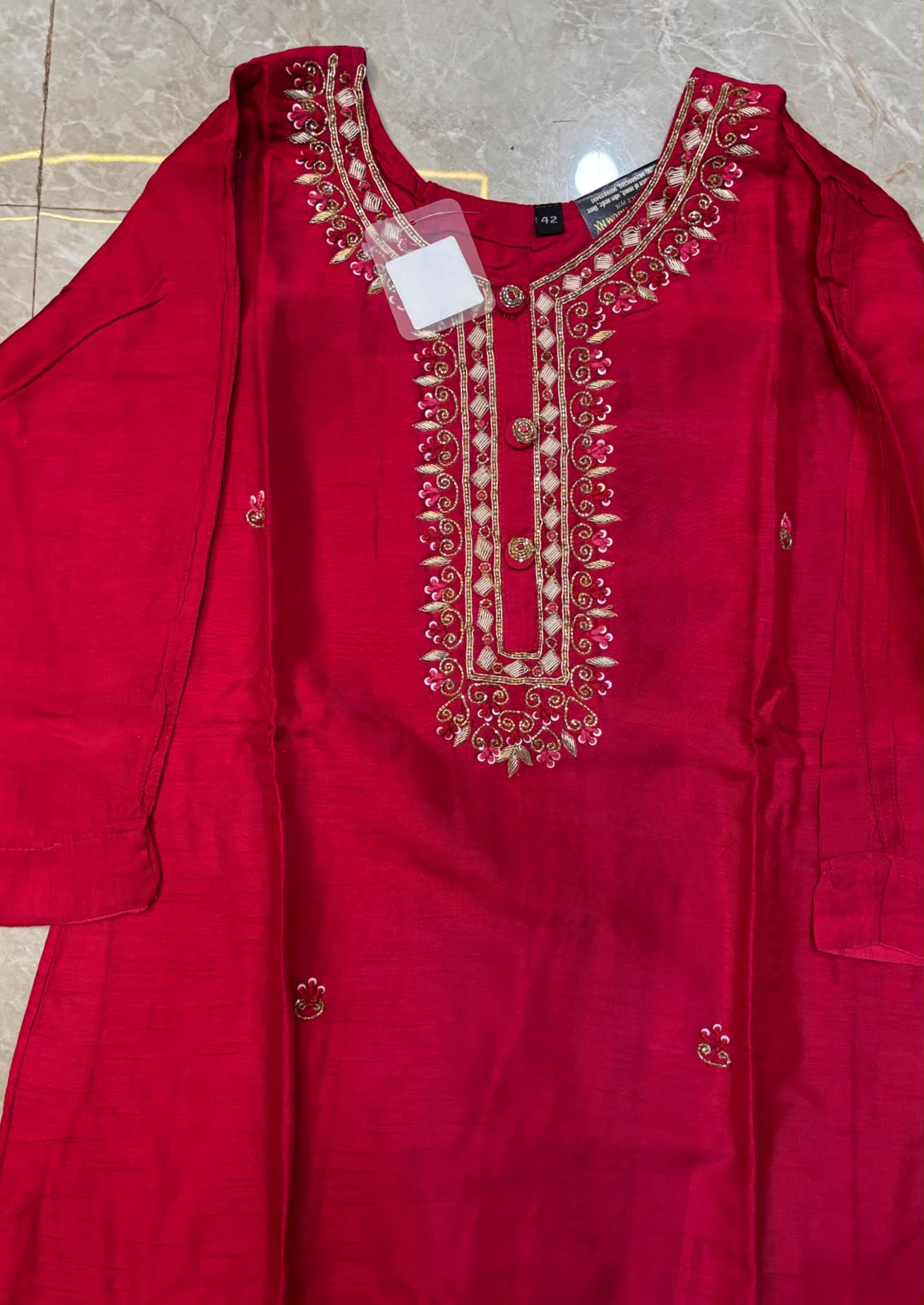 Maroon Dola Silk Zardosi Work Suit with Maroon & Ivory Organza Dupatta